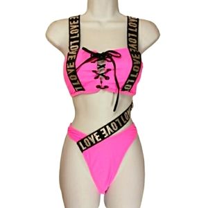 NEW Hot Pink LOVE White Spellout Black Strap High Waist Bikini Sets Large